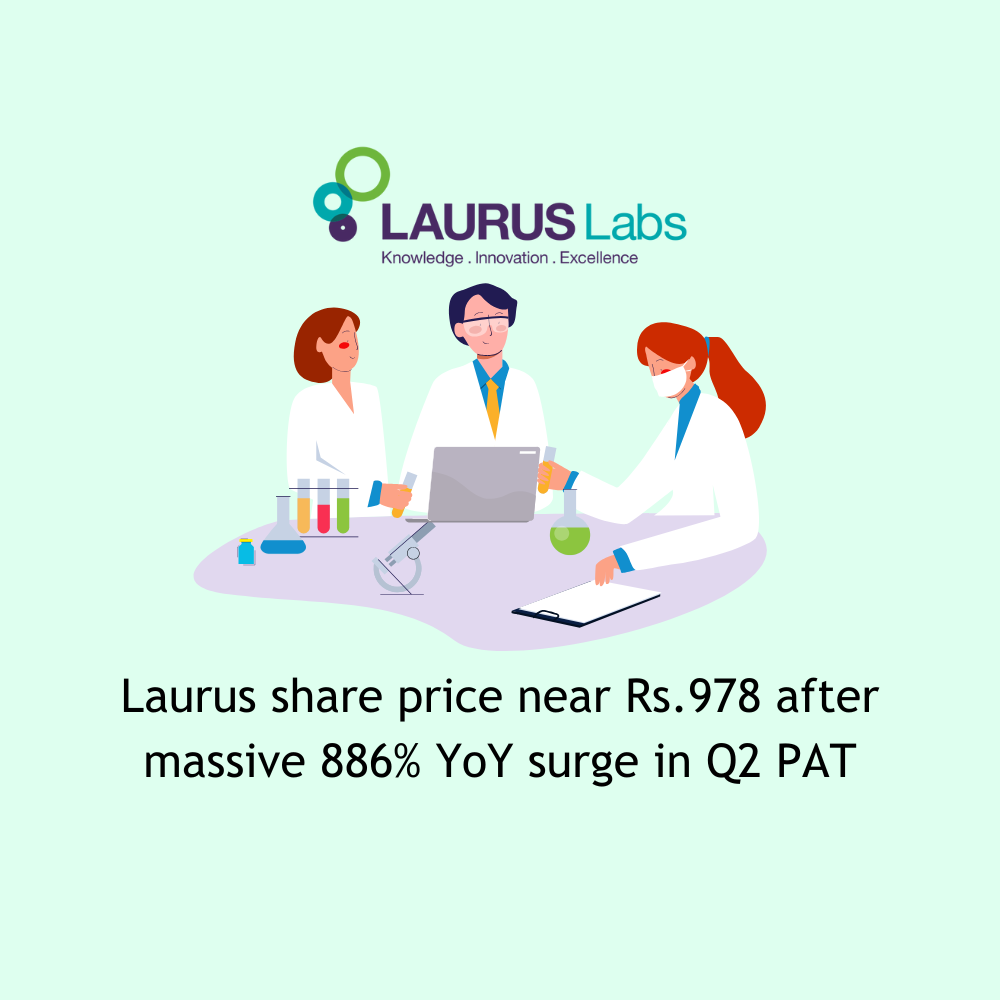 Featured image for Laurus share price near Rs.978 after massive 886% YoY surge in Q2 PAT